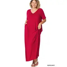 Plus Size V-Neck Short Sleeve Maxi Dress with Side Pockets