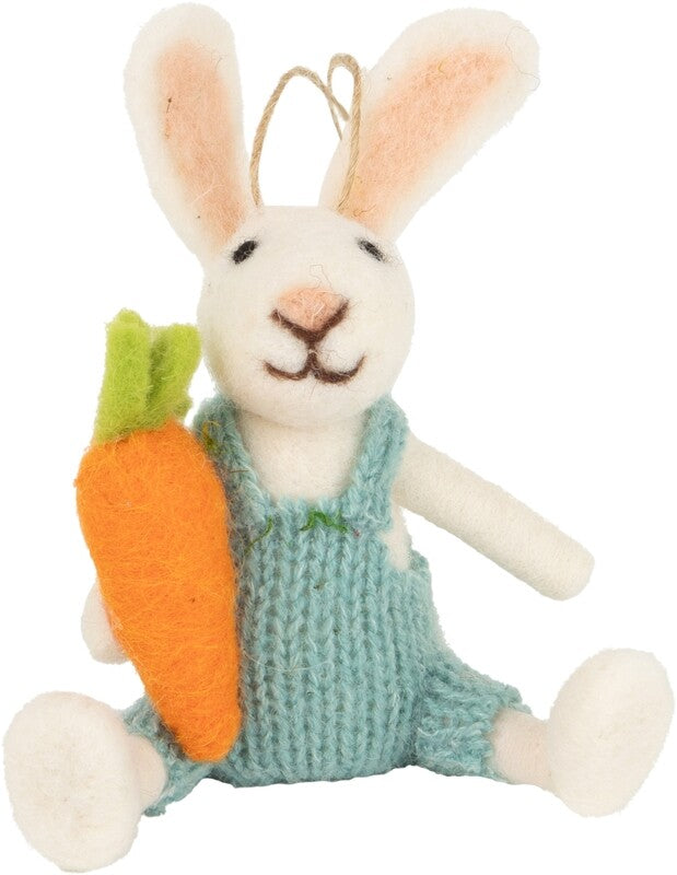 Felt Bunny Ornament in Pale Blue Knit Overalls