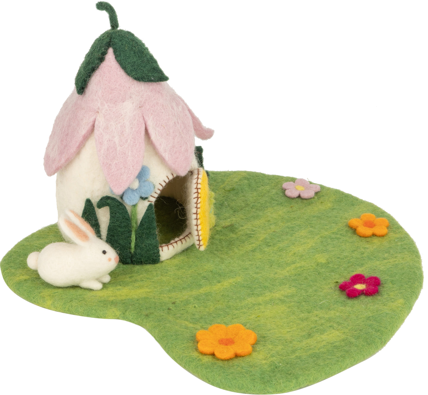 Felt Floral Fairy House on Green Felt Play Pad, Mini Bunny and Flowers