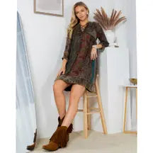 Chic Bohemian Stone-Washed Babydoll Dress with Velvet Print