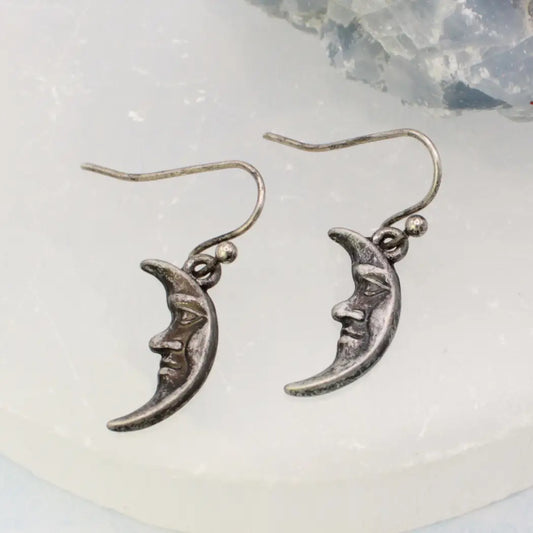 Antiqued Silver Man in the Moon Crescent Earrings