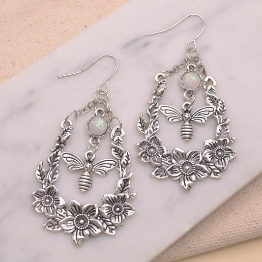 Secret Garden Bee & Flower Silver Earrings