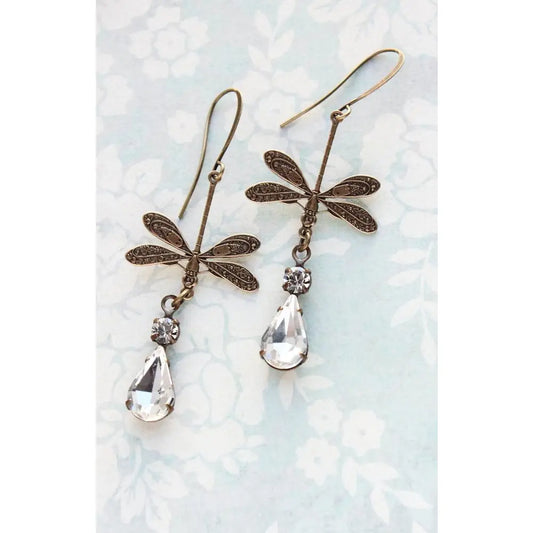 Dragonfly Crystal Sparkling Vintage Glass Earrings