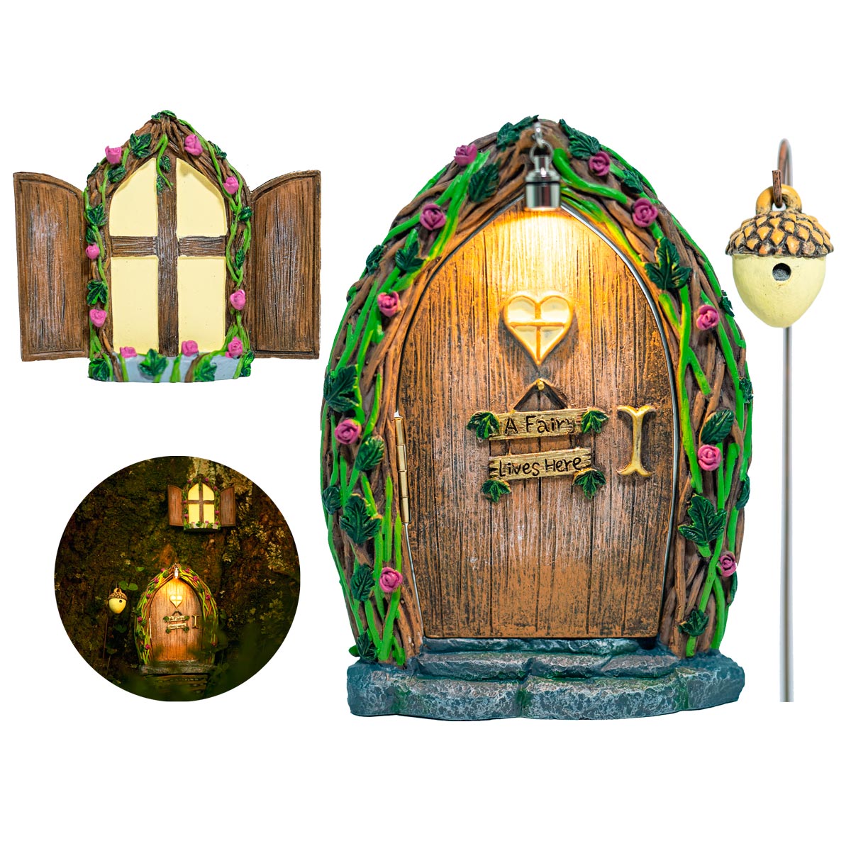 Opening fairy door and window for trees with light glow in the dark