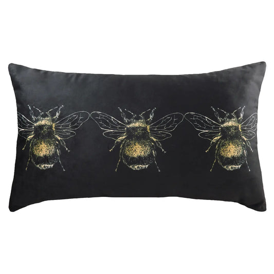 Gold Bee Rectangular Velvet Cushion Black