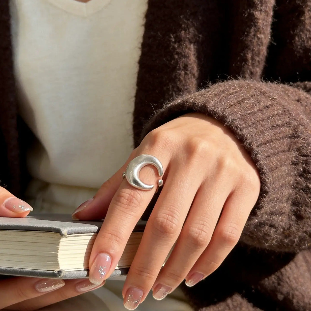 Silver Crescent Moon Adjustable Ring