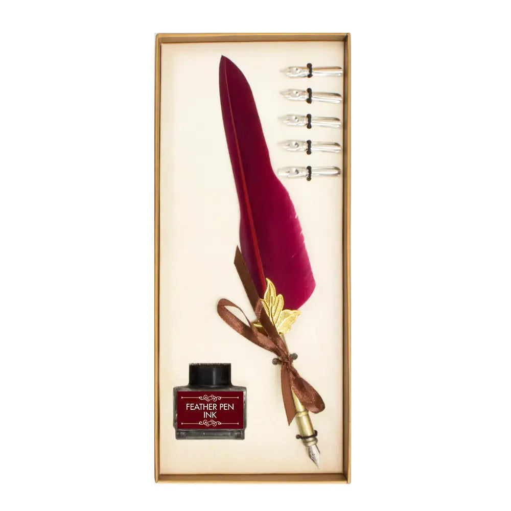 Calligraphy Writing Set - Light Gold Box with Red Feather Pen