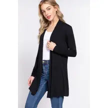 Fitted Long Sleeve Front Open Long Cardigan Black