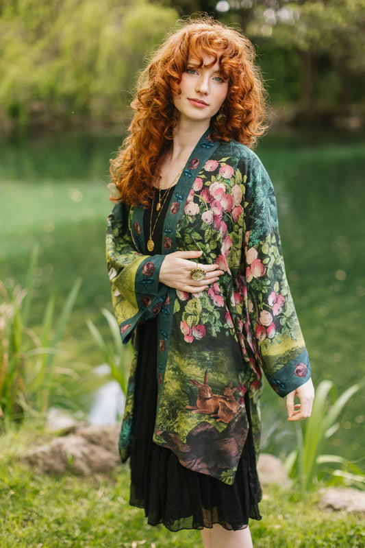 The Daydreamer Matinee Duster Kimona With Florals & Rabbits By Market Of Stars