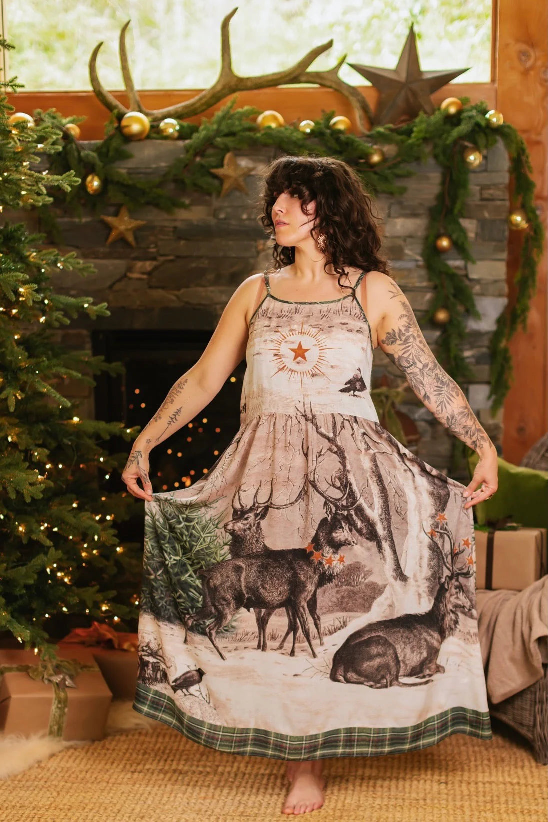 Winter Wish Boheme Long Maxi Slip Dress With Christmas Deer By Market Of The Stars