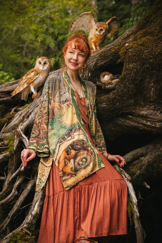 Woodland Wisdom Matinee Duster Kimono With Florals, Fox & Owl By Market Of Stars