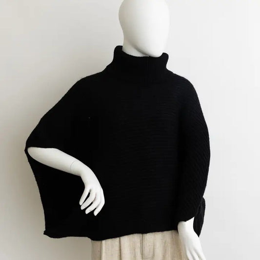 Turtleneck Ribbed Knit Poncho with Armholes