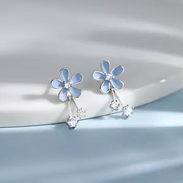 Dainty Blue Flower Stud Drop Earrings in 925 Sterling Silver