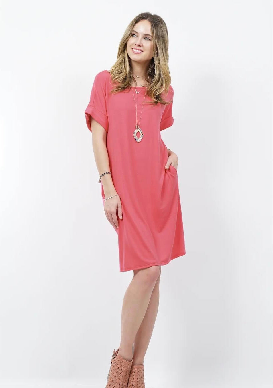 Premium Rolled Short Sleeve Round Neck Dress - Desert Rose