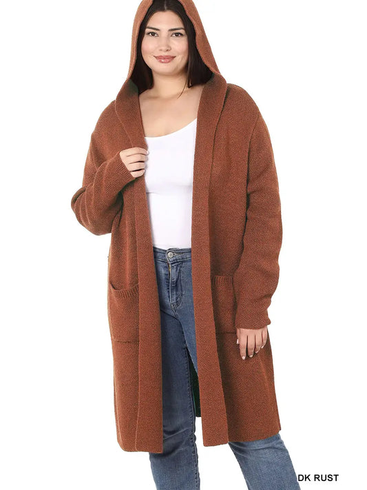 Plus Size Hooded Open Front Sweater Cardigan - Dark Rust