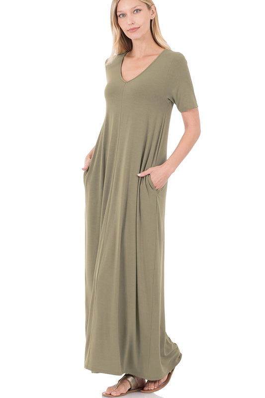 Short Sleeve Maxi Dress with Side Pockets - Khaki